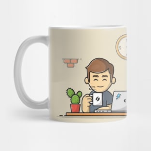 Male Operating Laptop With Coffee Cartoon Vector Icon Illustration Mug